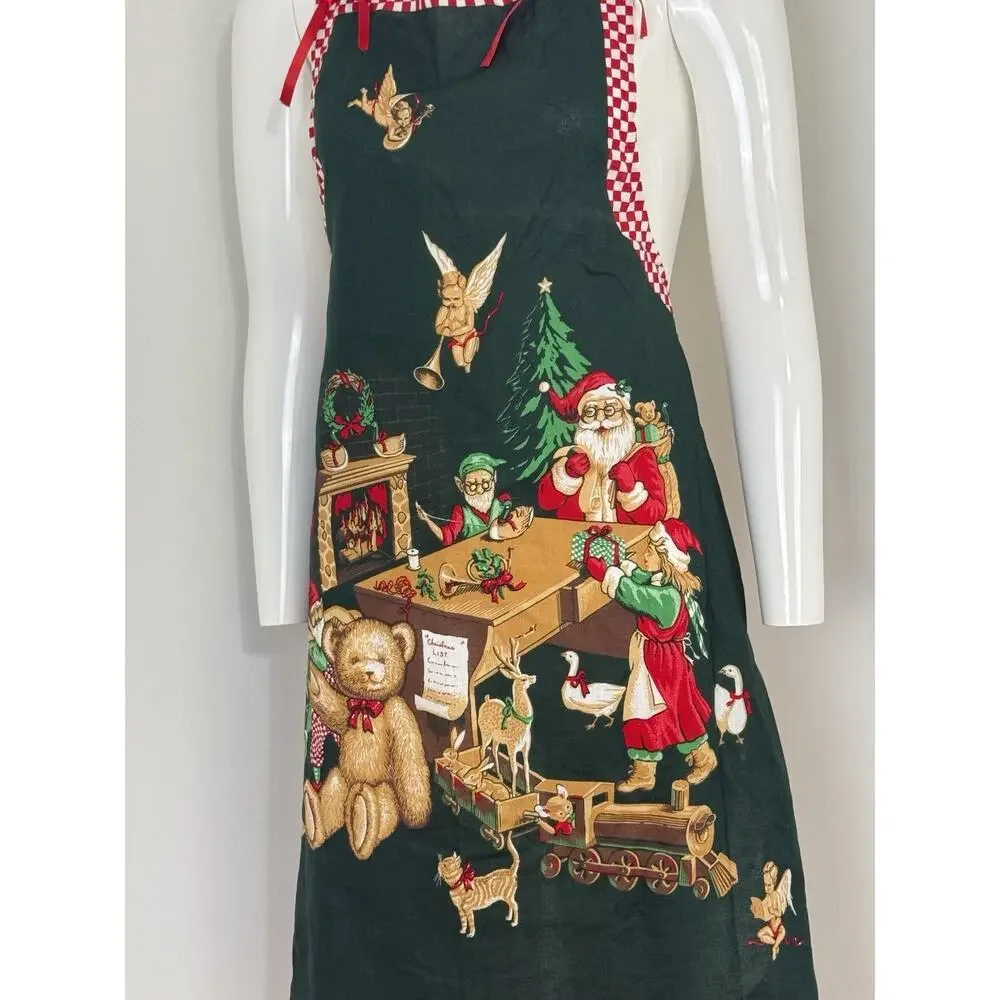 Vintage Handmade Christmas Apron Santa Teddy Bear Holiday Kitchen Gingham Trim